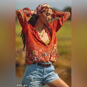 Women’s Anthropologie Boho Floral Motif Chiffon Festival Puff Sleeve Blouse